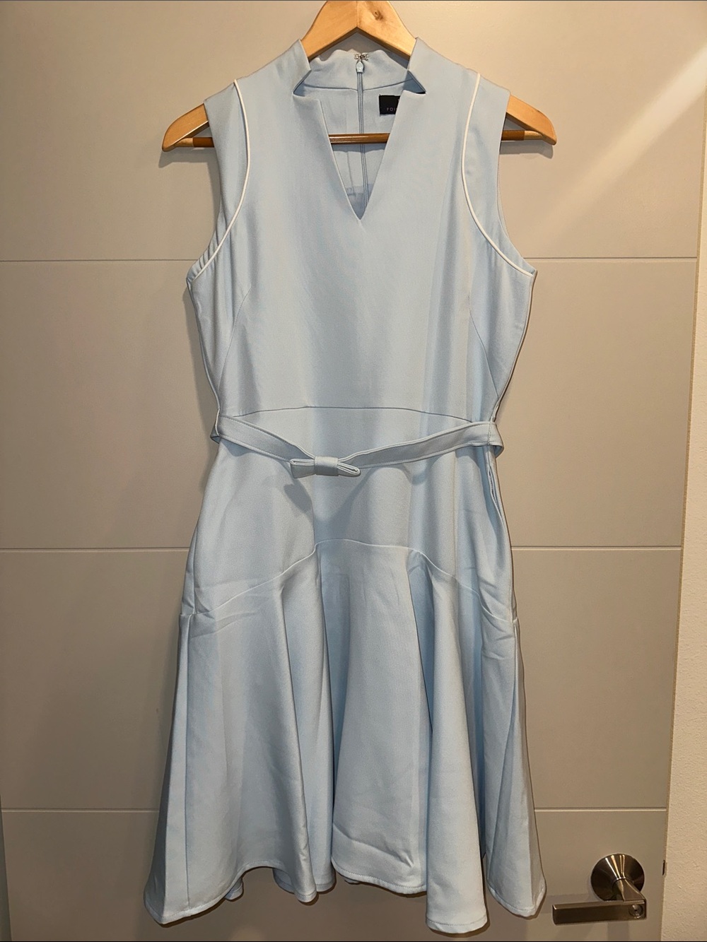 Light Blue Sleeveless V-Neck Fit & Flare Dress with Self-Tie Belt